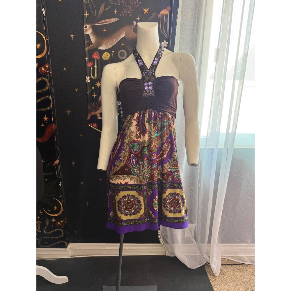 City Triangle Womens Paisley Beaded Halter Mini Dress Brown Purple Y2K Boho M